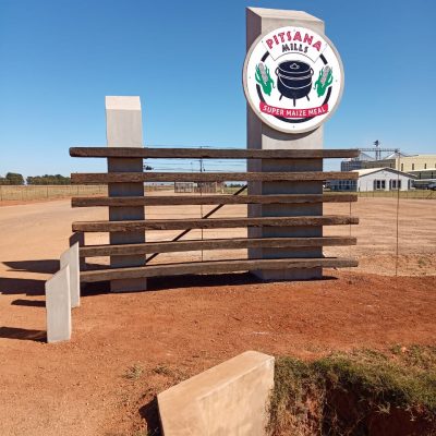 Precast concrete entrance signage and bollards manufactured and installed at Pitsana Mills by Gallo Precast